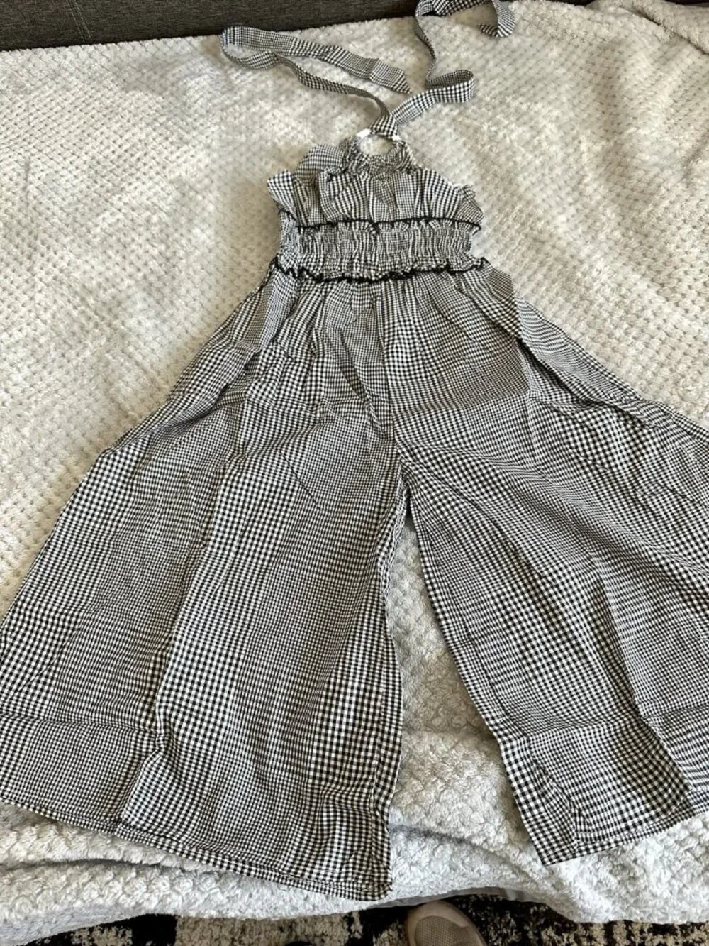 Girls Size 6 Gingham Jumpsuit Black White Halter Wide Leg Smocked NWT 0525